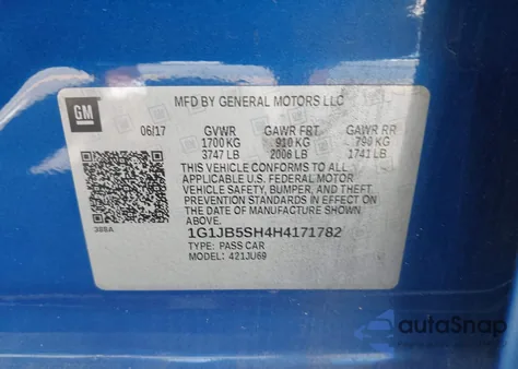 2017 Chevrolet Sonic Ls Auto z USA, uszkodzony, nr VIN 1G1JB5SH4H4171782